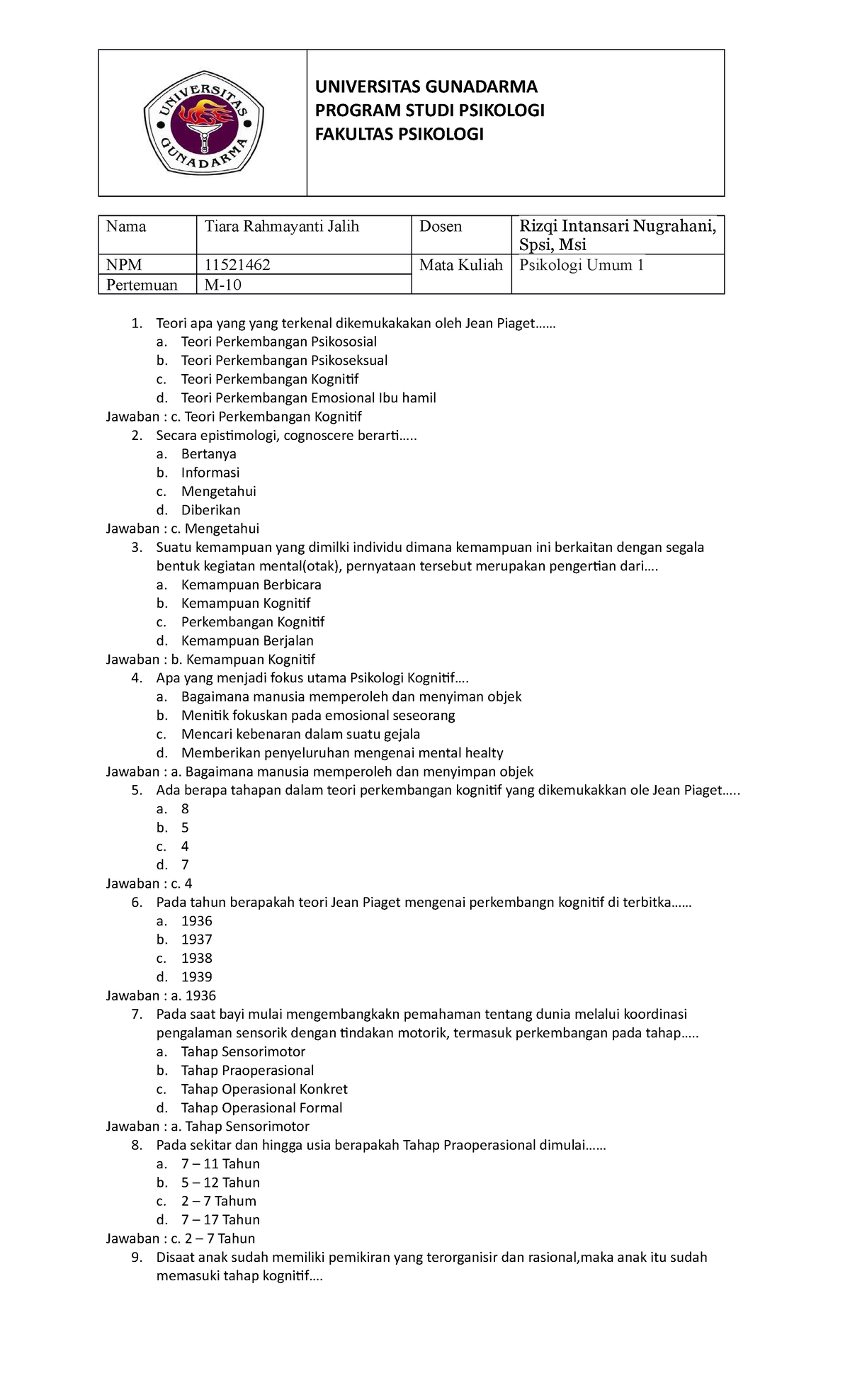 Soal Teori Jean Piaget UNIVERSITAS GUNADARMA PROGRAM STUDI