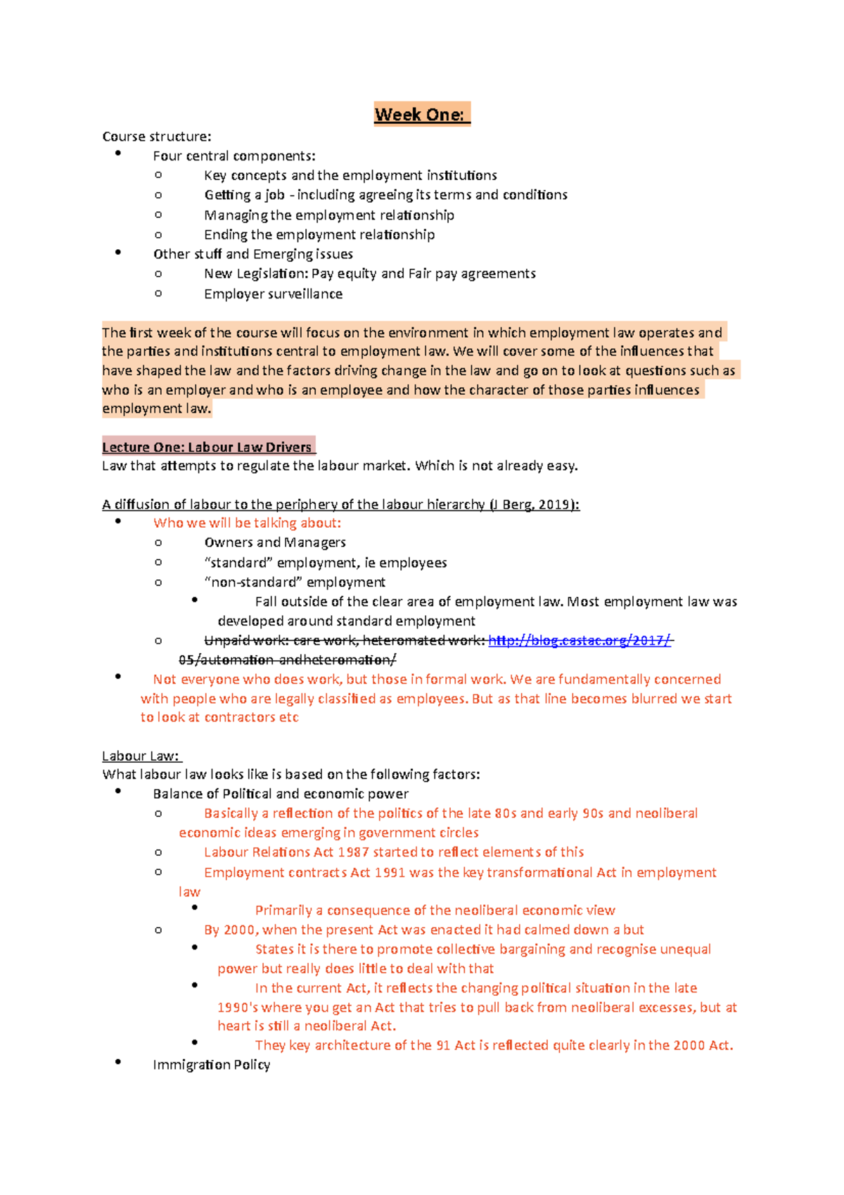 Operation of Employment Law Lecture Notes - Week One: Course structure ...