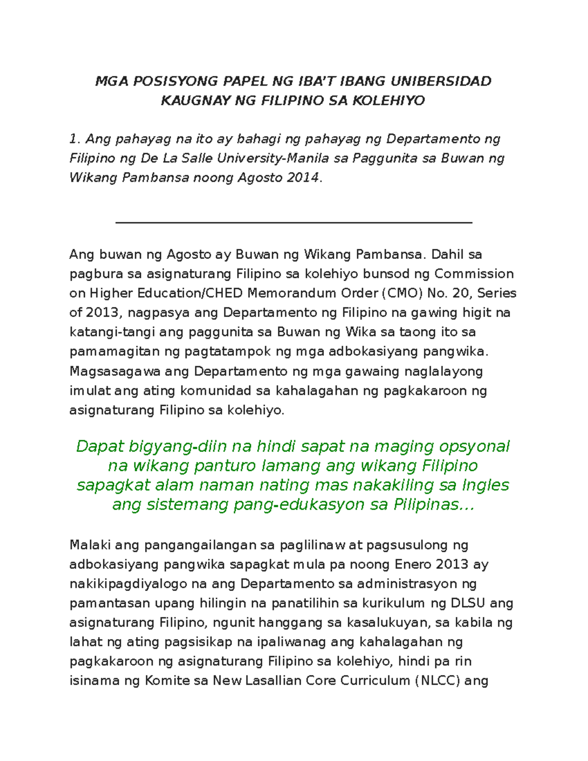 MGA Posisyong Papel NG IBA - MGA POSISYONG PAPEL NG IBA’T IBANG ...