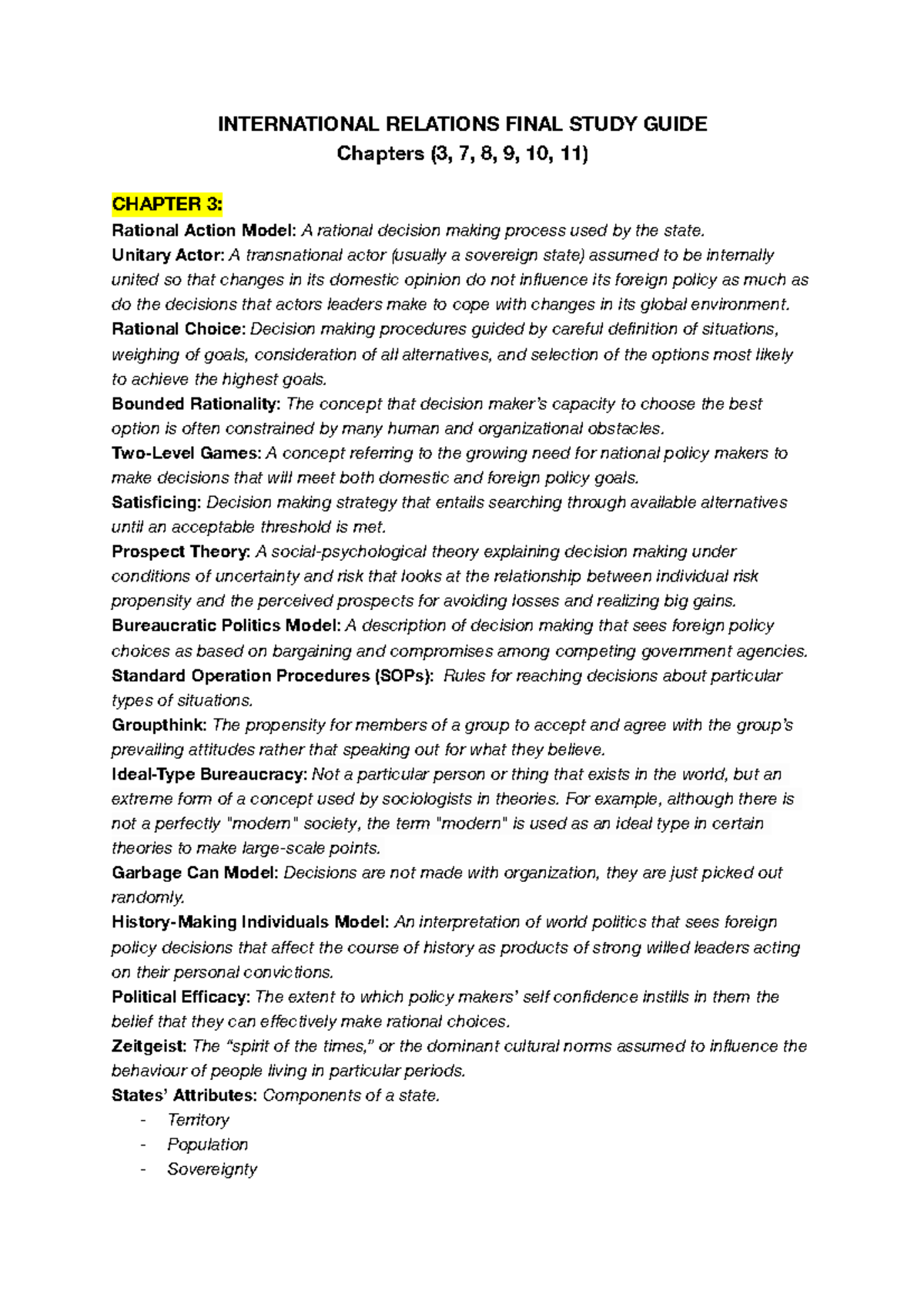 Final Study Guide - INTERNATIONAL RELATIONS FINAL STUDY GUIDE Chapters ...