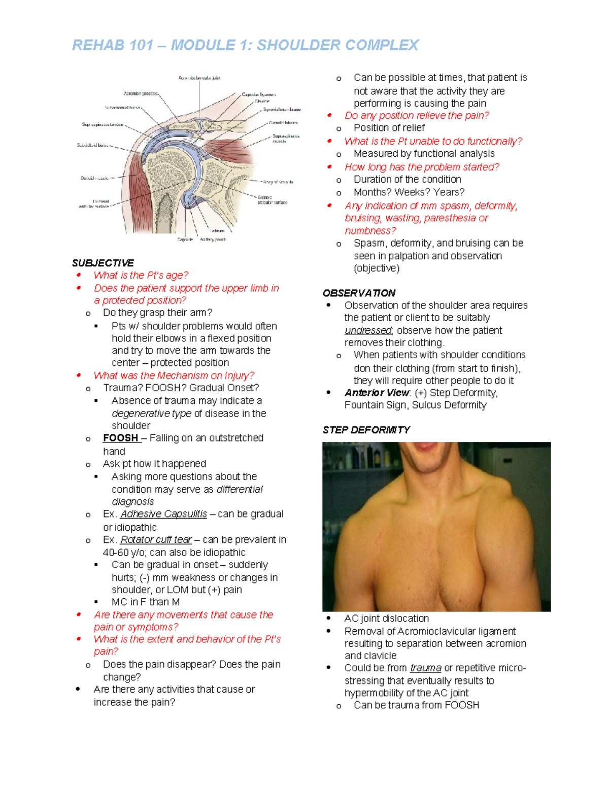 Shoulder Complex - SUBJECTIVE What is the Pt’s age? Does the patient ...