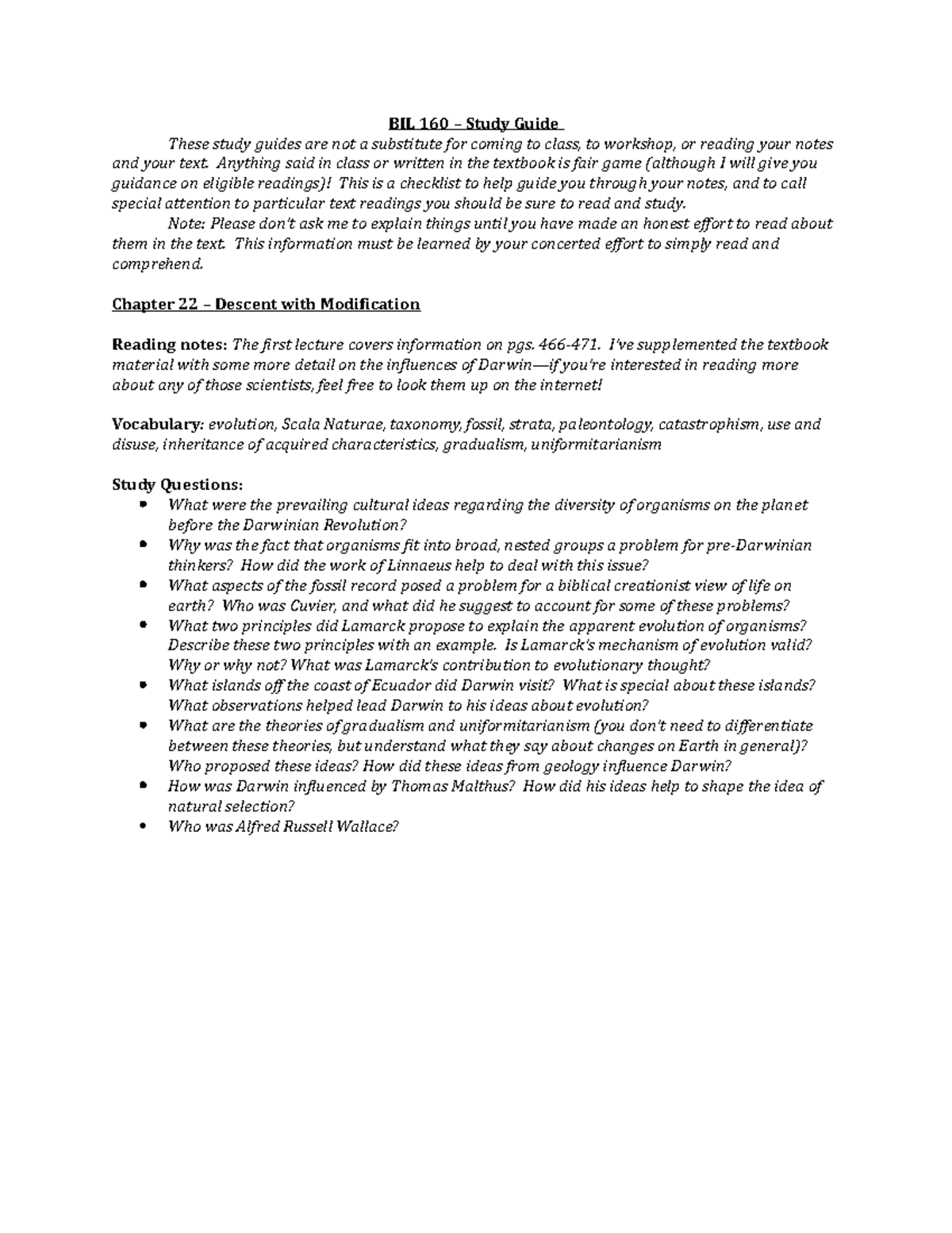 Study Guide 22a - BIL 160 – Study Guide These study guides are not a ...