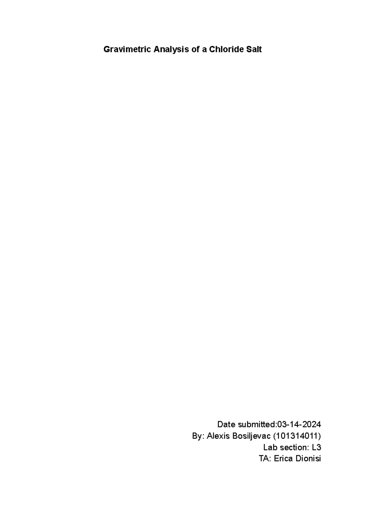 G lab for eng chem 23/34 - Gravimetric Analysis of a Chloride Salt Date ...