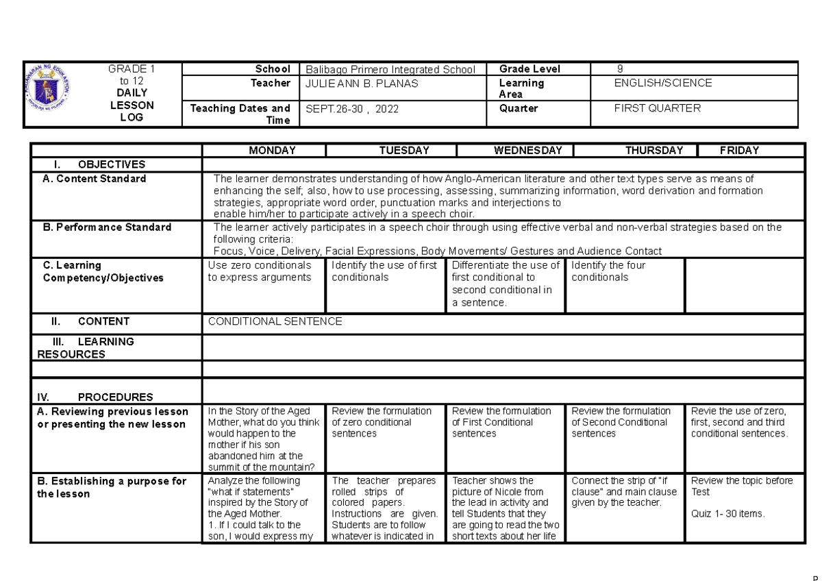 Week2 - GRADE 1 to 12 DAILY LESSON LOG School Balibago Primero ...