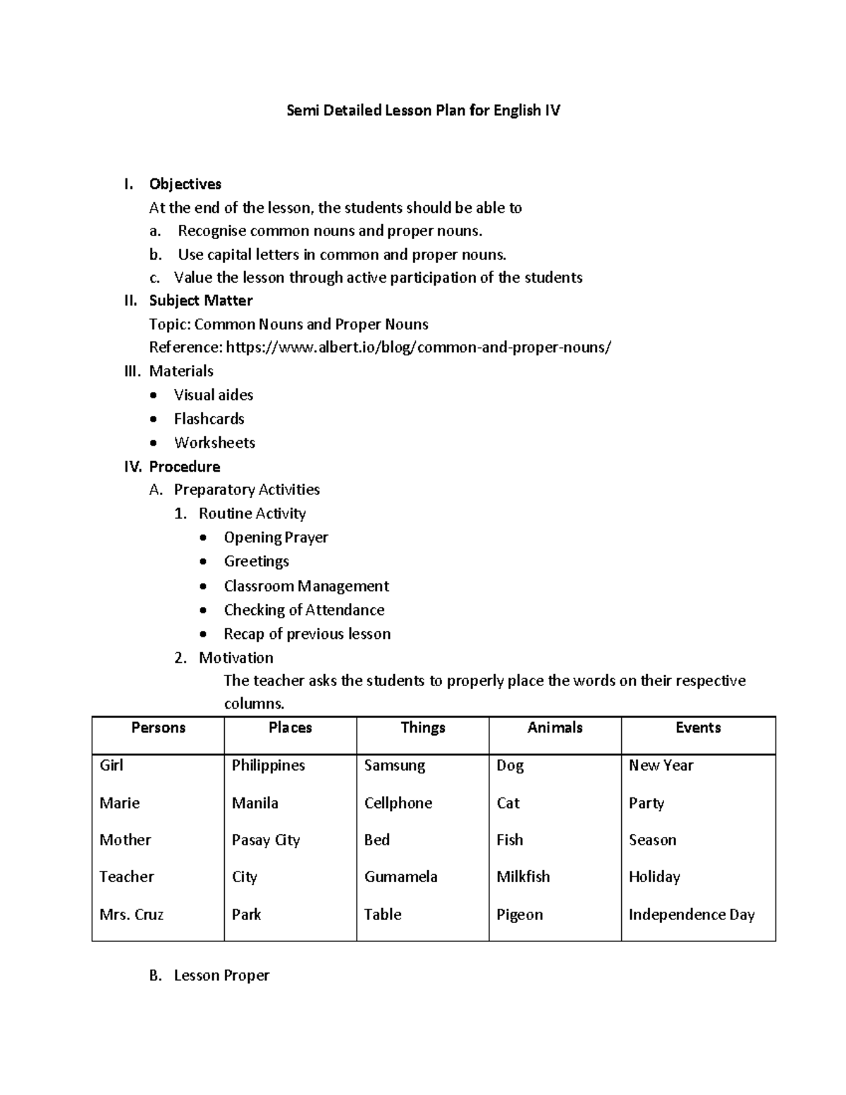 Semi Detailed Lesson Plan Common And Proper Nouns Semi Detailed Hot Sex Picture 6997