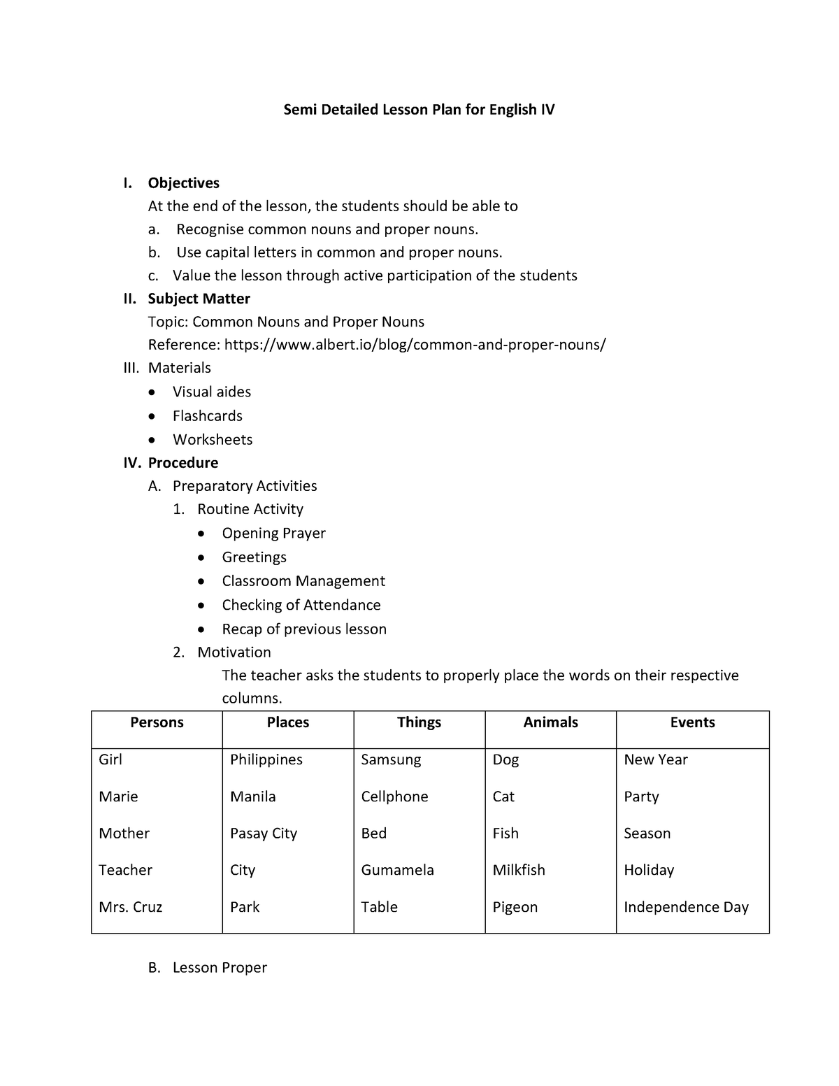 Semi Detailed Lesson Plan Common And Proper Nouns Semi Detailed 