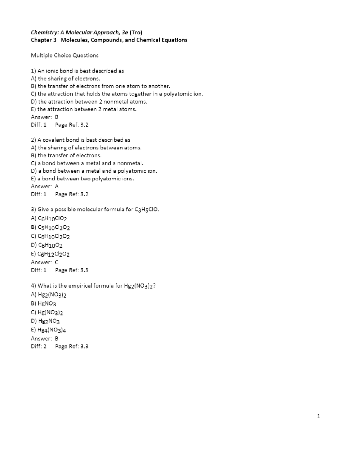 1 Chemistry A Molecular Approach, 3e (Tro) Chapter 3 Molecules ...