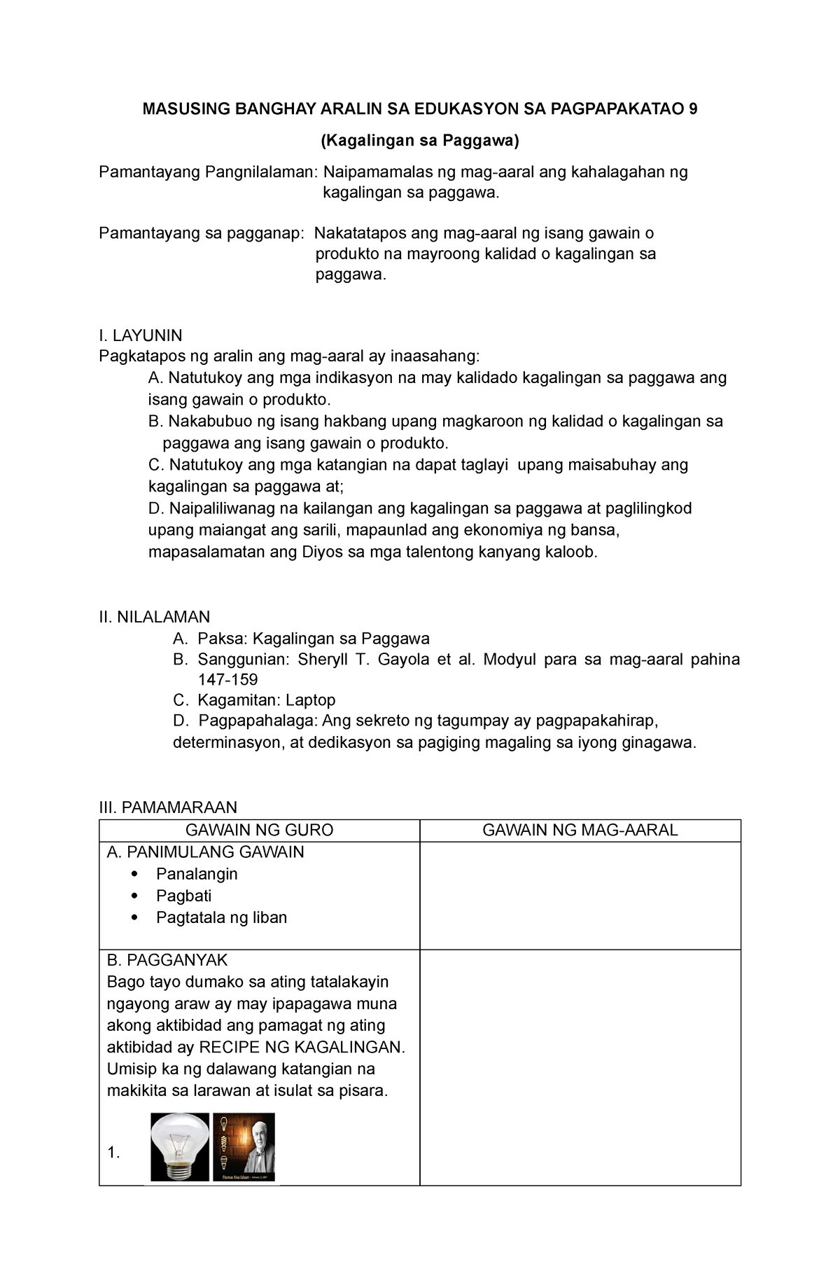 Kagalingan Sa Paggawa Module 10 Masusing Banghay Aralin Sa Edukasyon Sa Pagpapakatao 9 1662