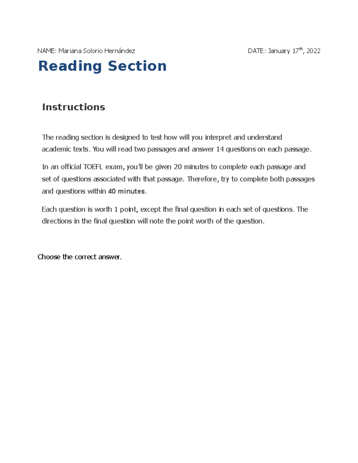 Act 1 Reading Science - To do a great score on TOEFL - NAME: Mariana ...