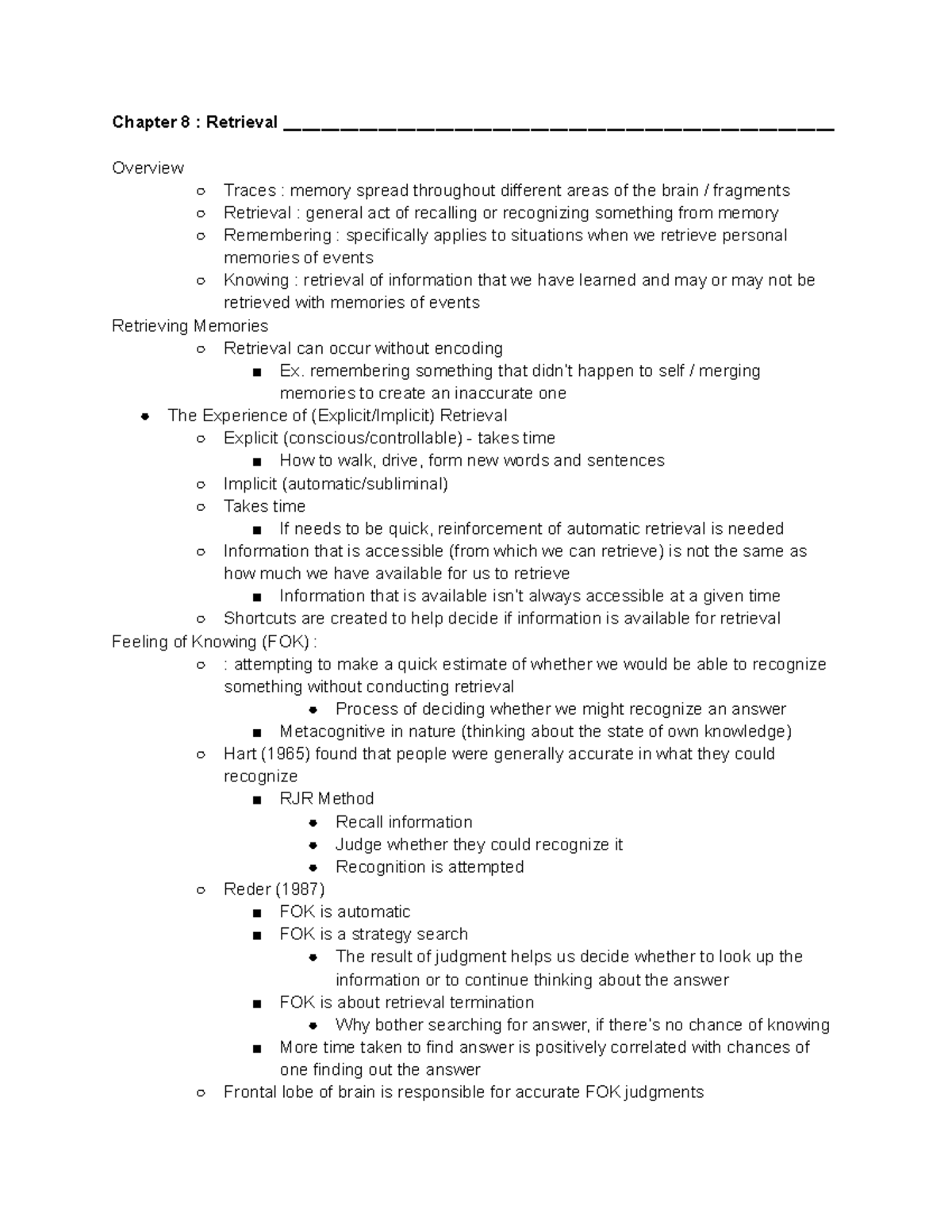 Retrieval Notes - Chapter 8 : Retrieval