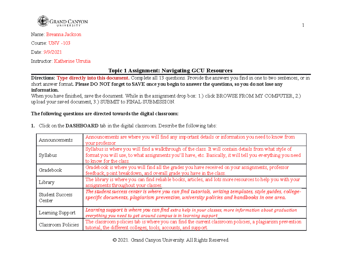 Unv 103 Resources Worksheet Name Breanna Jackson Course Unv Date