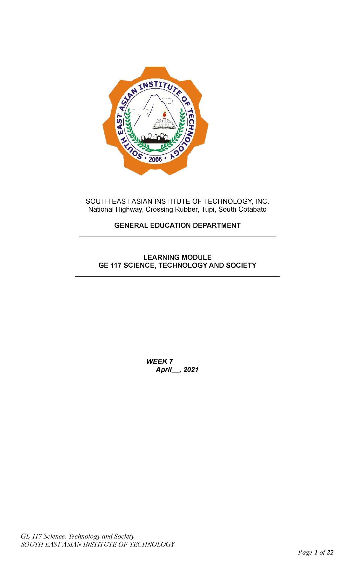 GE117-midterm - GE 117 Exam - SOUTH EAST ASIAN INSTITUTE OF TECHNOLOGY ...