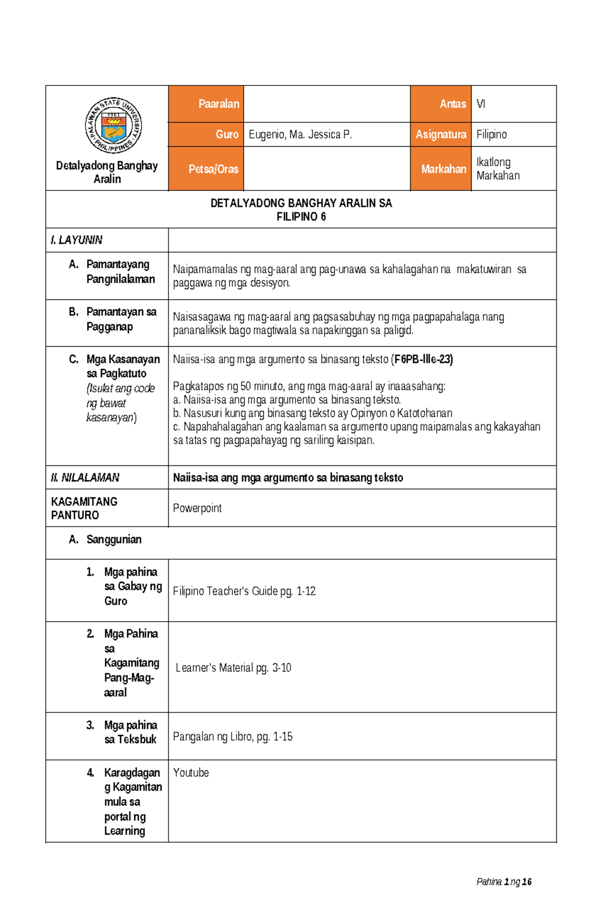 Detailed Lesson Plan Filipino 6 Detalyadong Banghay Aralin Paaralan Antas Vi Guro Eugenio Ma 9638