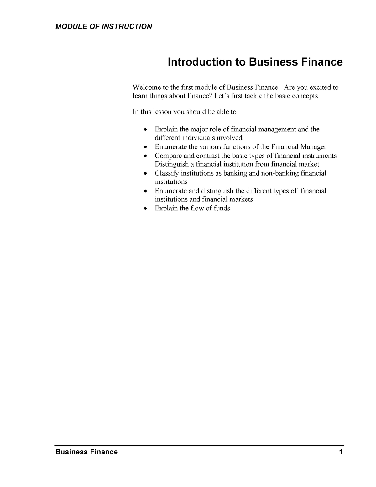 Module 1 - Lecture Notes 1 - MODULE OF INSTRUCTION Business Finance 1 ...