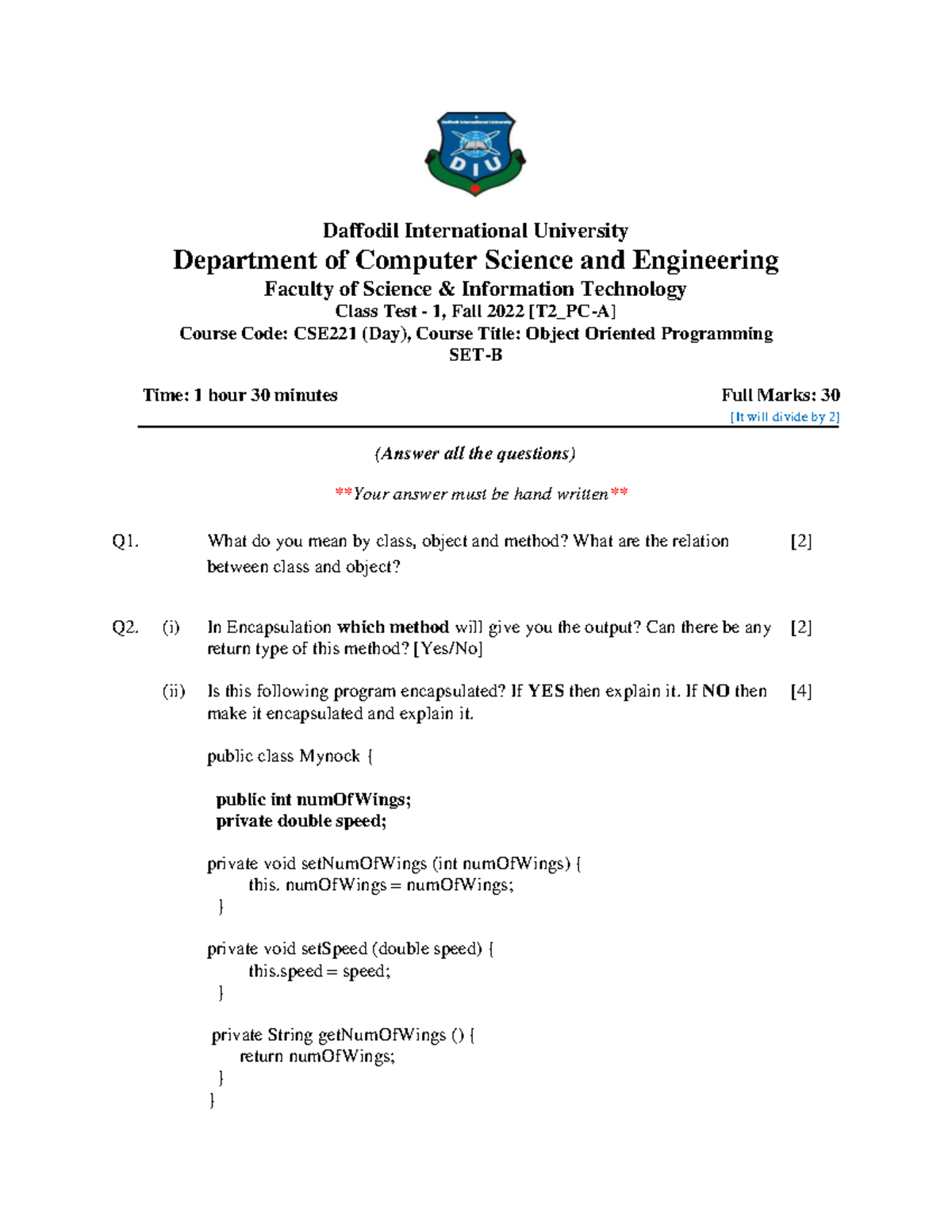 Quiz 1 Set B Question Daffodil International University Department