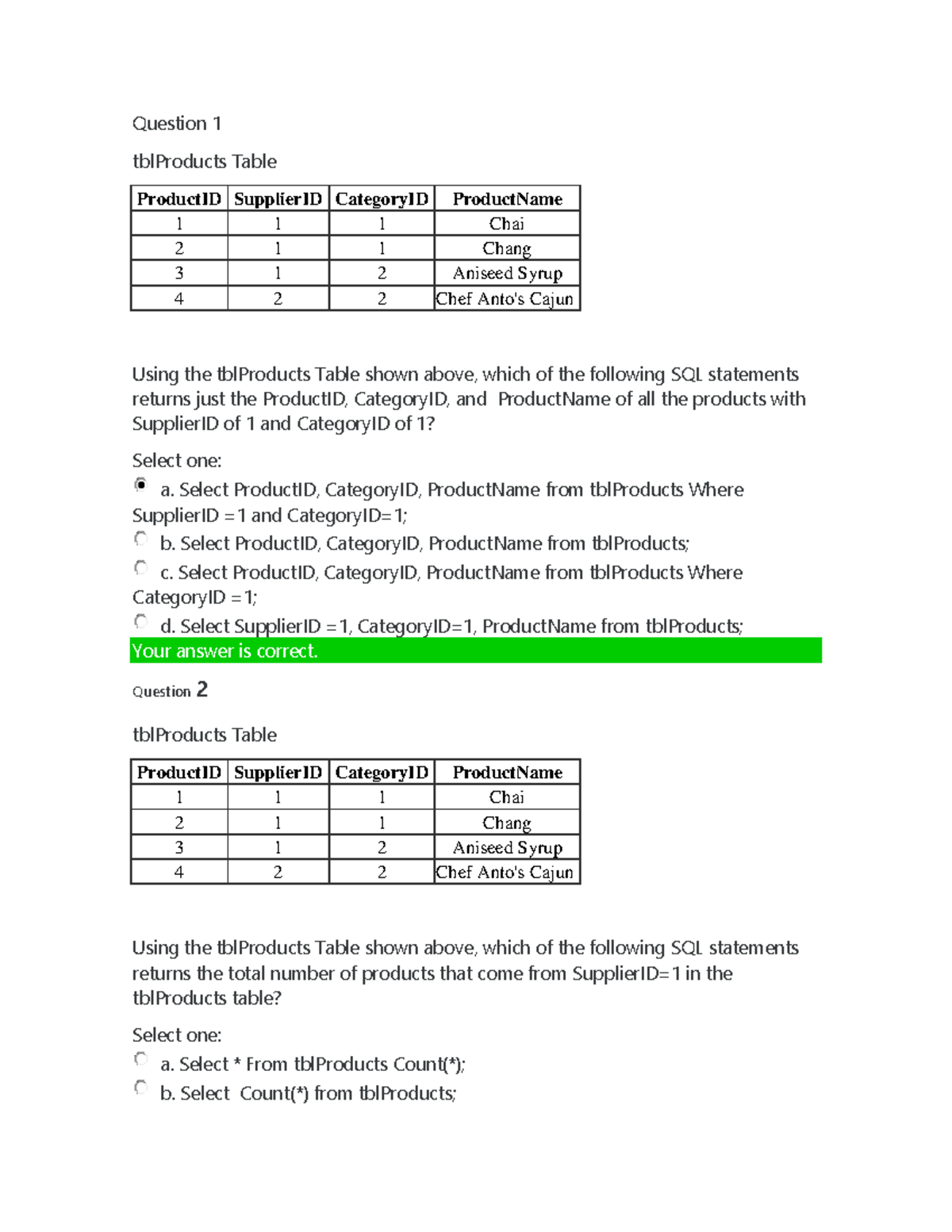 Self-Quiz Unit 8 - Self-quiz Unit 8 - Question 1 TblProducts Table ...