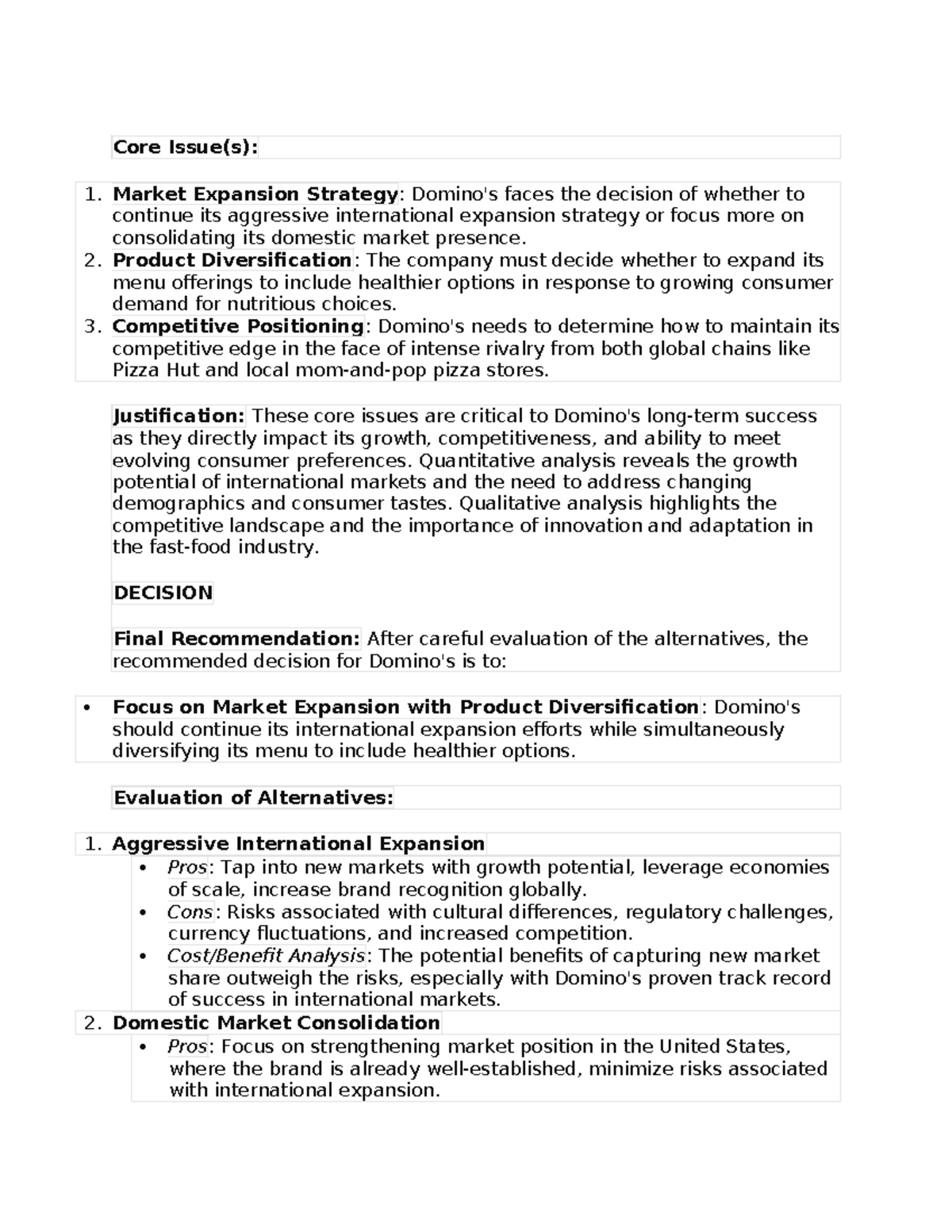 Core Issue - assignment - Core Issue(s): 1. Market Expansion Strategy ...