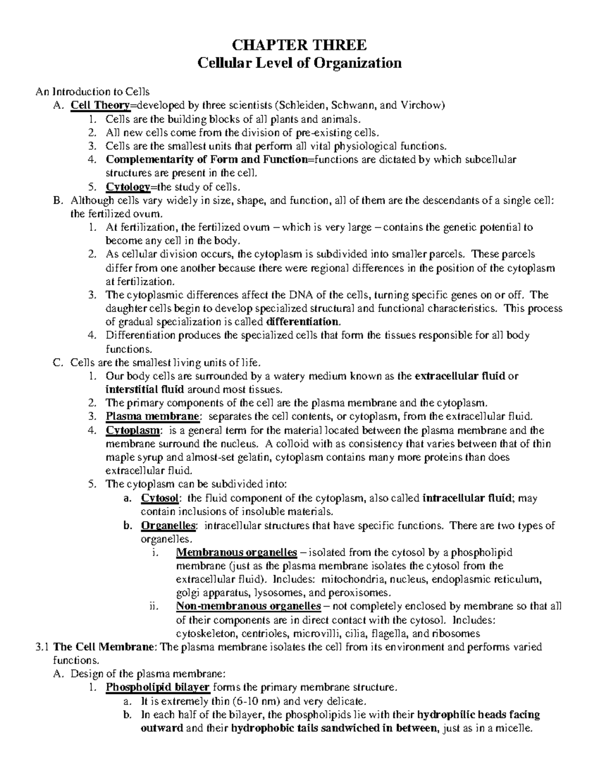 Cellular Level Outline - CHAPTER THREE Cellular Level of Organization ...