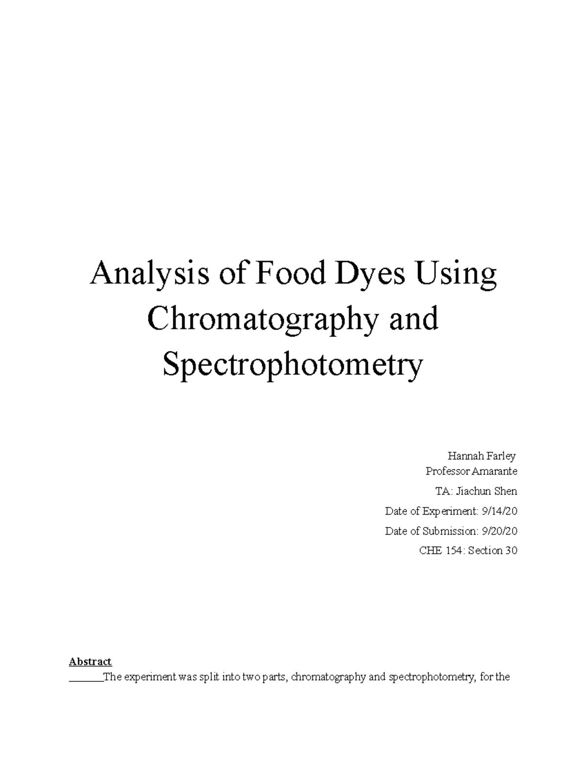 Chromatography Spectrophotometry Lab Report CHE 154 SBU Studocu