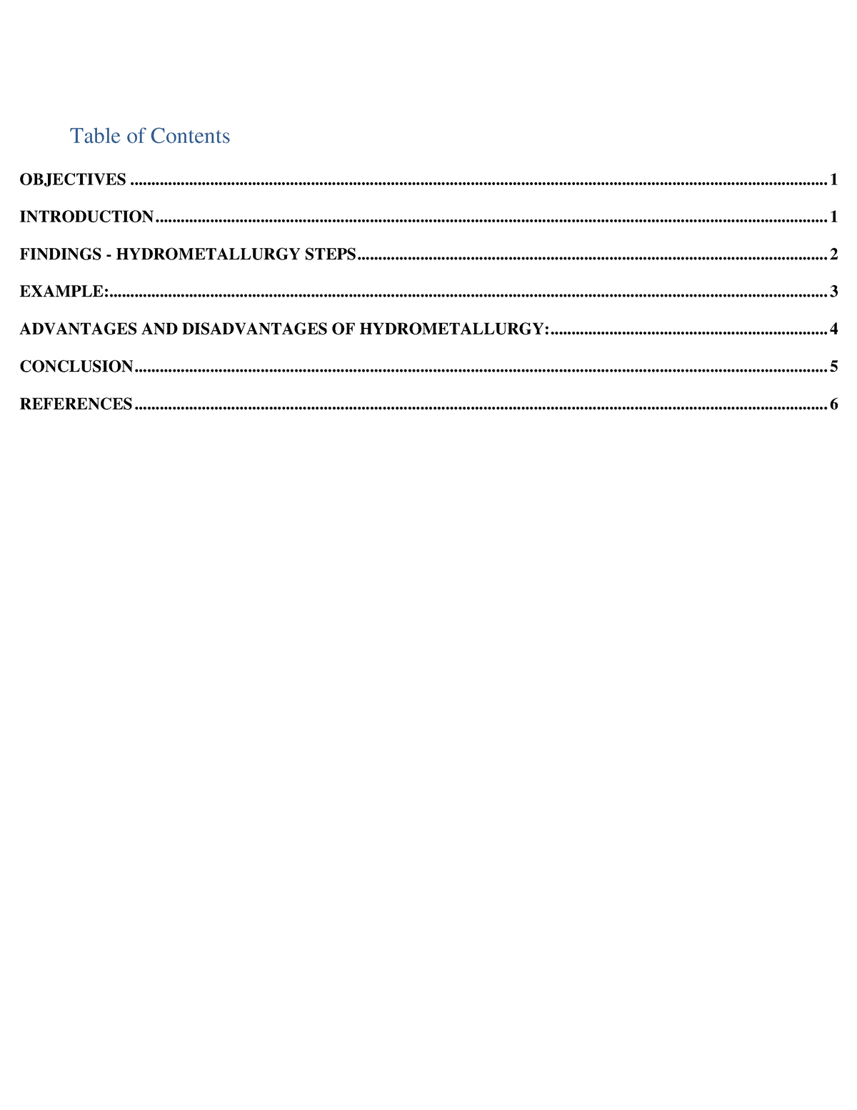 table of contents in case study