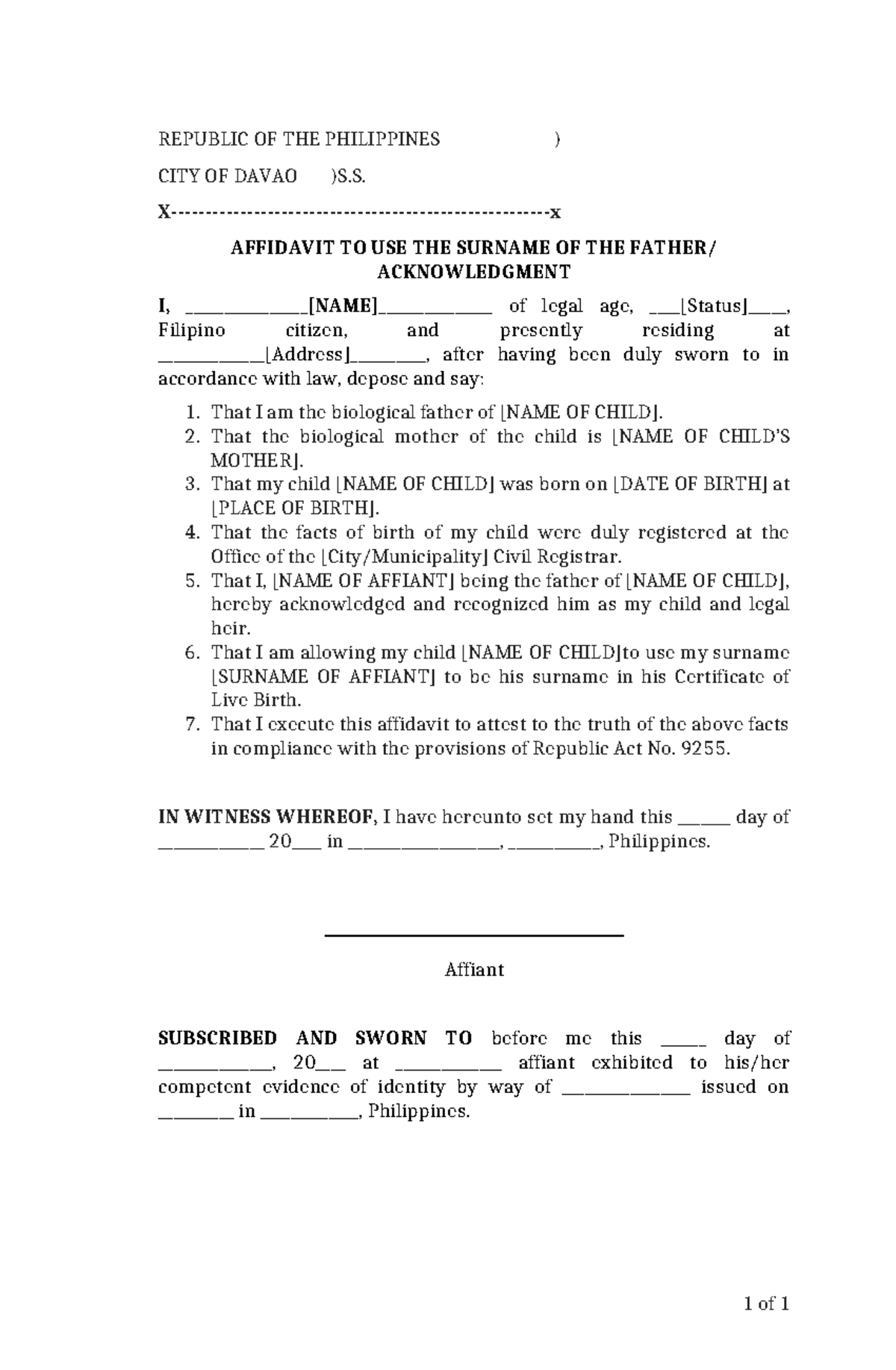 Use the Surname of the Father, Affidavit to - REPUBLIC OF THE ...
