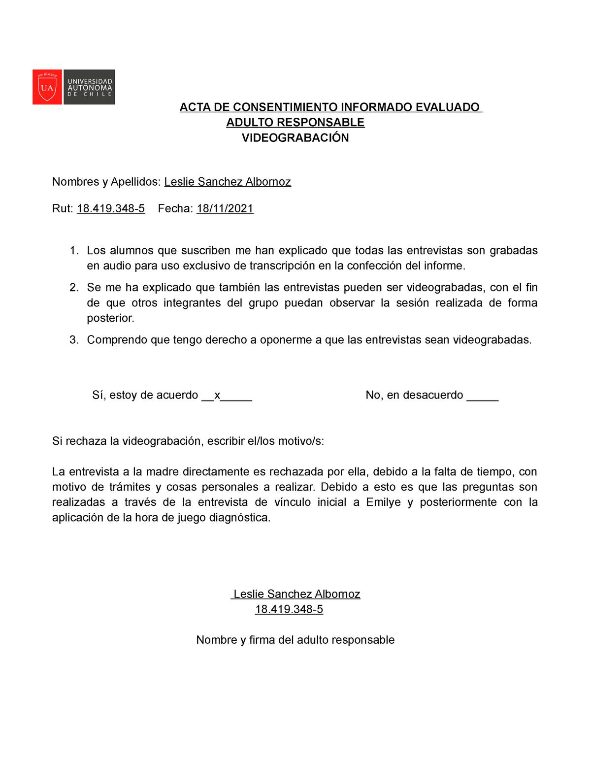 Consentimiento Informado Videograbación Adulto Responsable Acta De Consentimiento Informado 4628