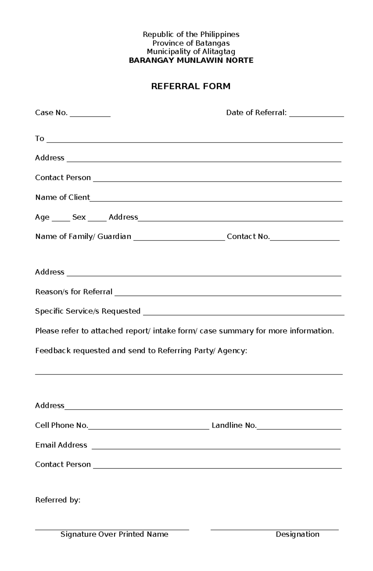 VAWC Referral Form - Republic of the Philippines Province of Batangas ...