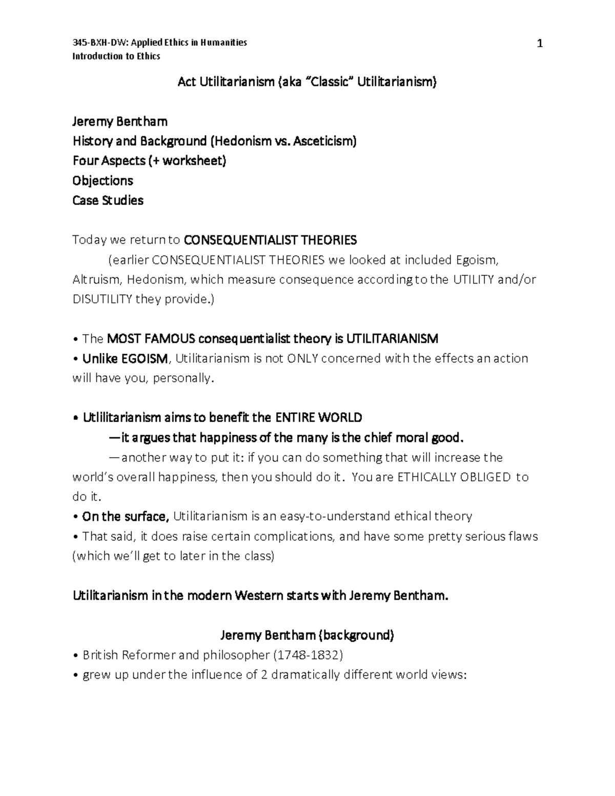2020 Notes on Act Utilitarianism - Introduction to Ethics 1 Act ...