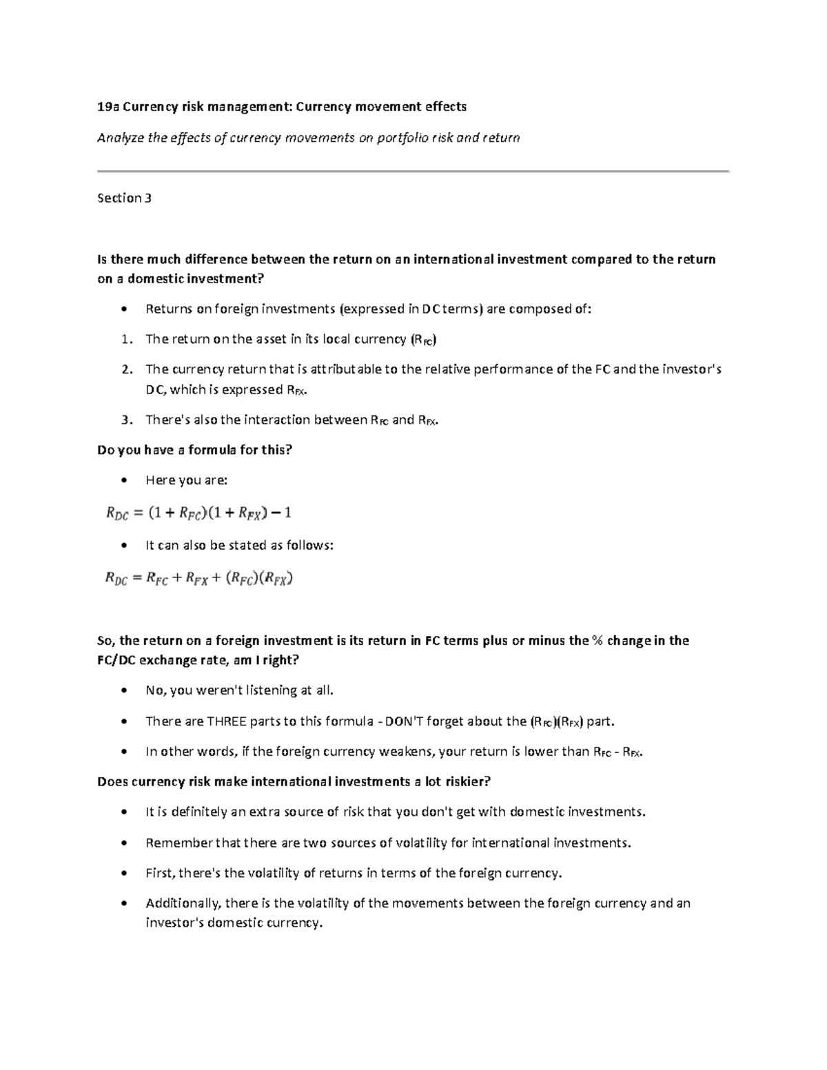 Summary 19 Behavioural Biases 19 19a Currency Risk Management