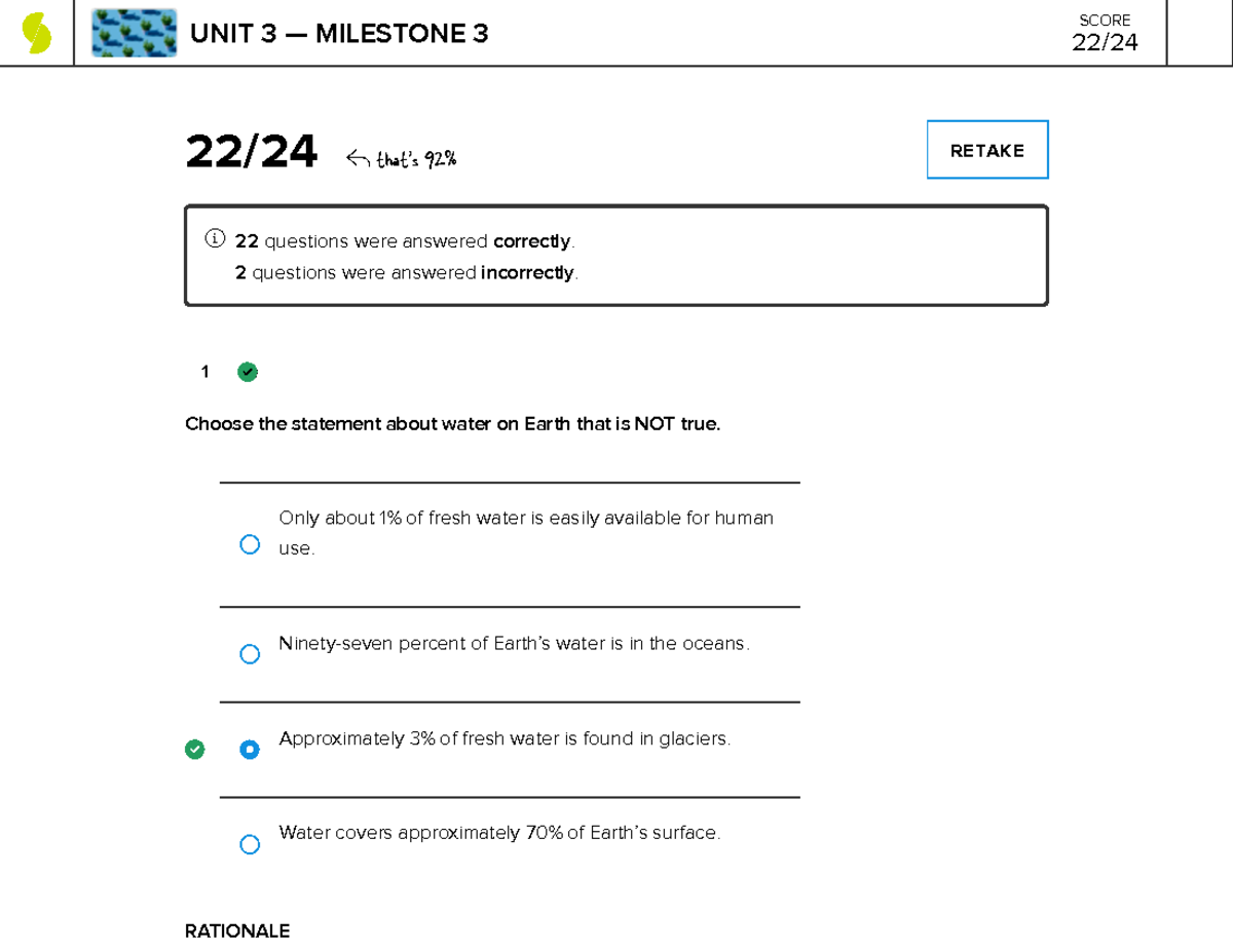 M3 - Environmental Science Milestone 3 Sophia - 1 22/24 That's 92% ...