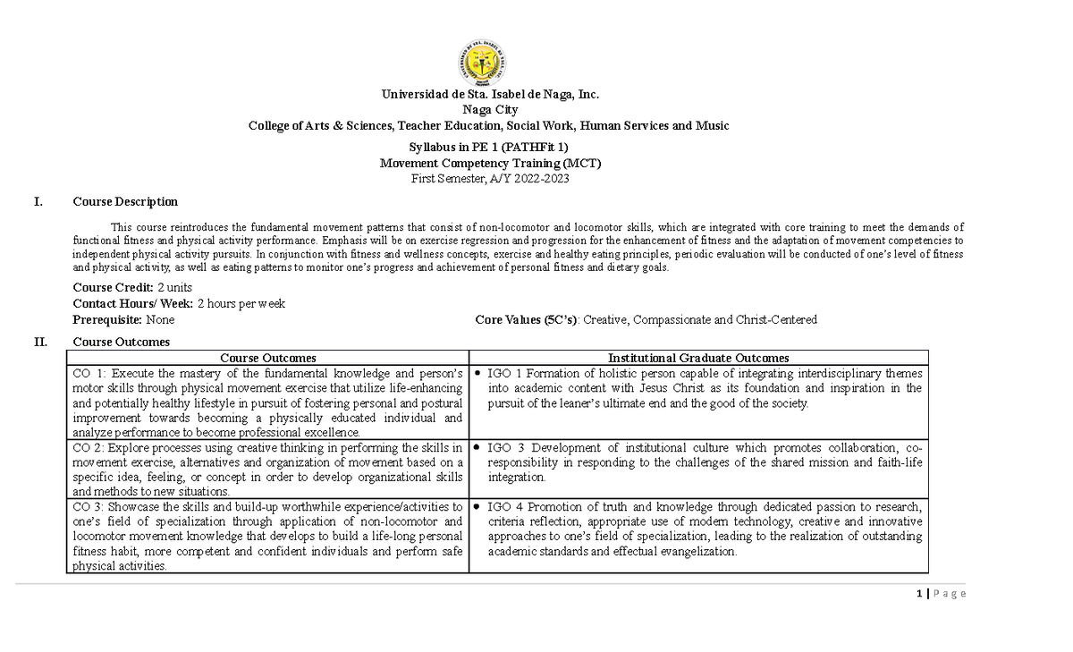 Syllabus In PE 1 ( Pathfit 1) - Movement Competency Training Or MCT ...