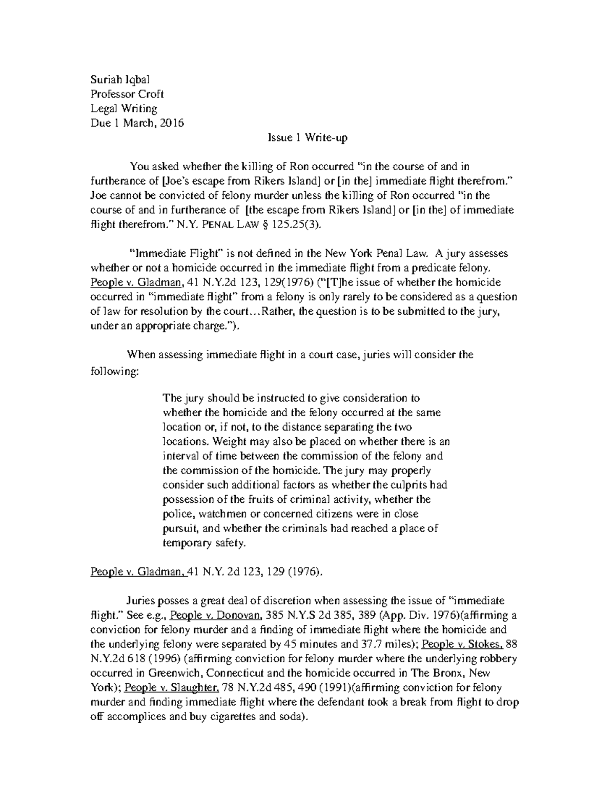 Issue 1 Writeup - Legal Writing Prof. Croft - Suriah Iqbal Professor ...