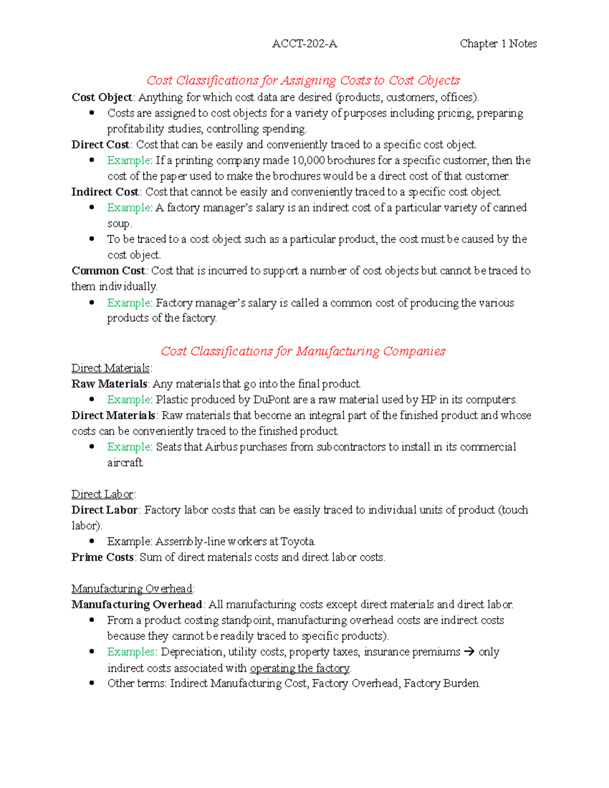 ACCT-202 Chapter 1 Notes - Cost Classifications for Assigning Costs to