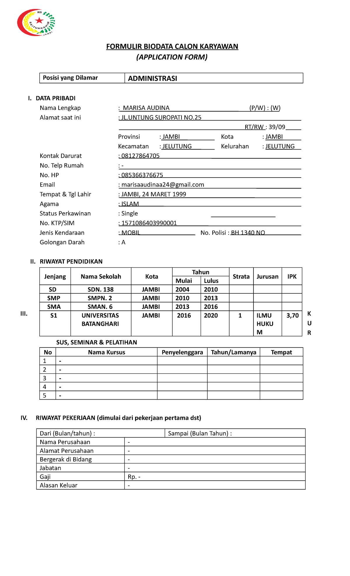 Tugas akhir kuliah - FORMULIR BIODATA CALON KARYAWAN (APPLICATION FORM ...