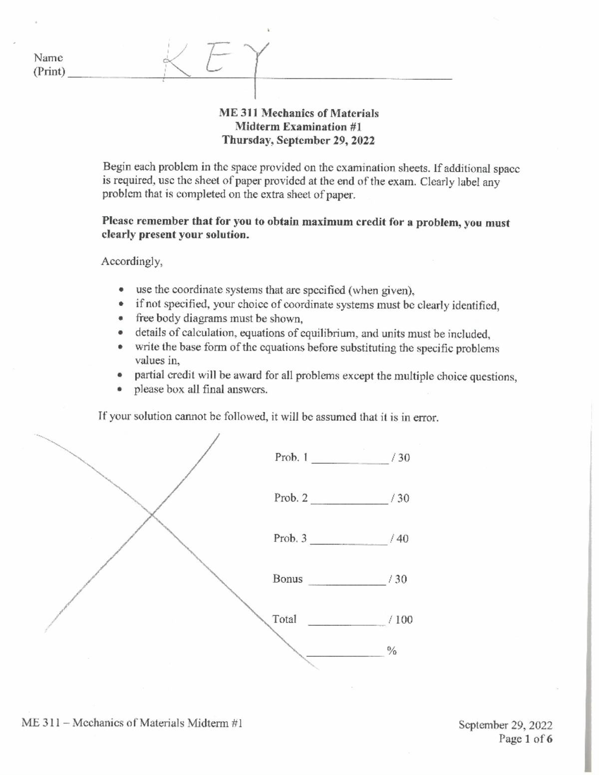 Exam 1 Solution 2022 - Name (Print) ME 311 Mechanics of Materials ...