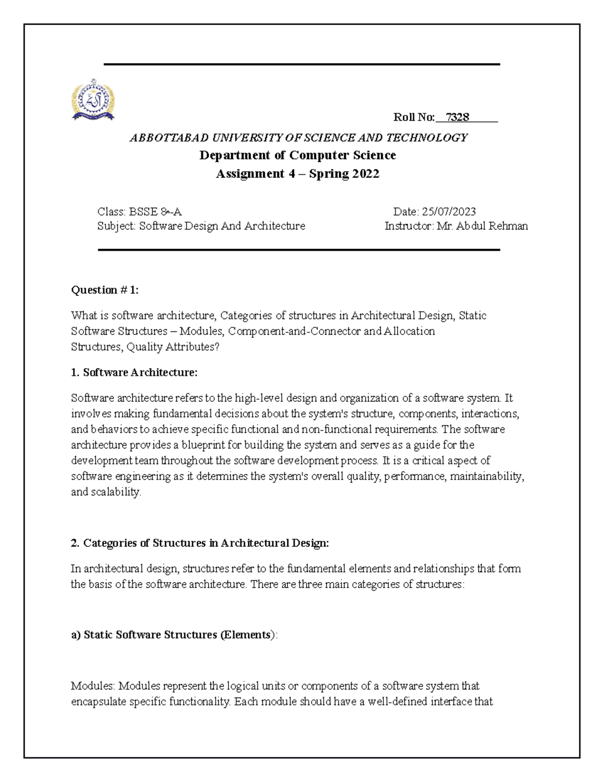 Assigment - Software Design And Arctictur - Roll No: 7328 ABBOTTABAD ...