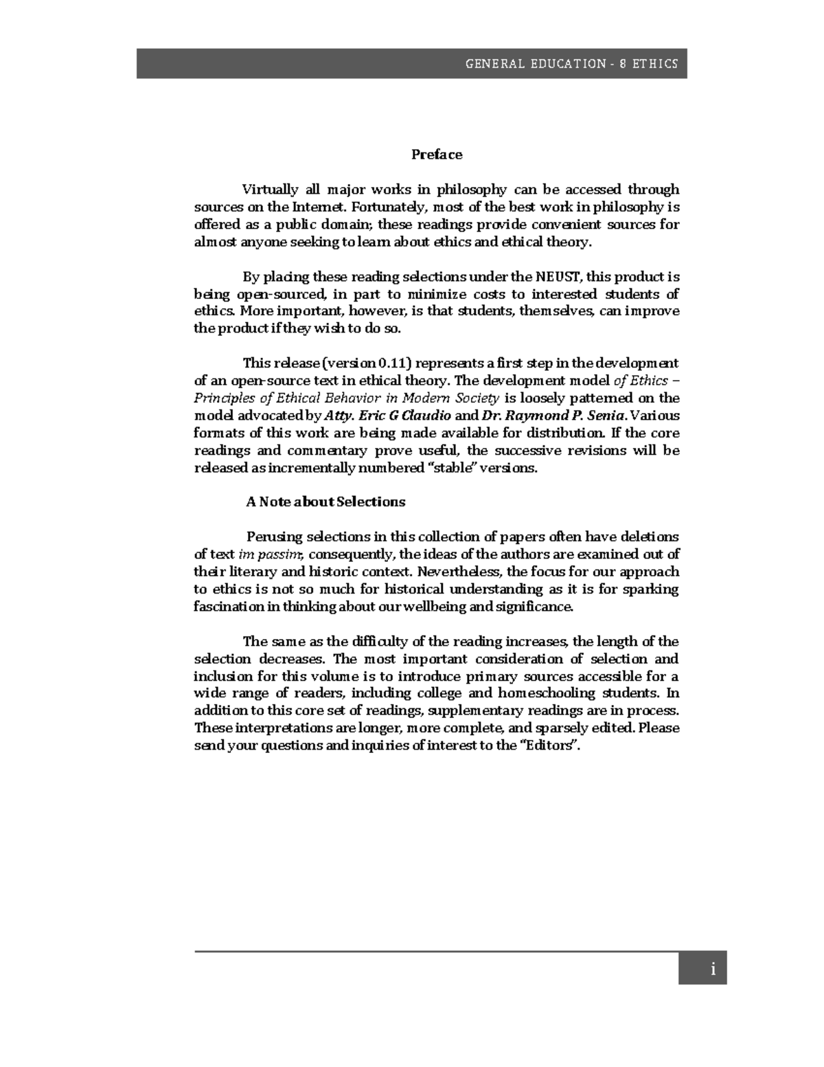 Ethics Final Module real edited - i Preface Virtually all major works ...