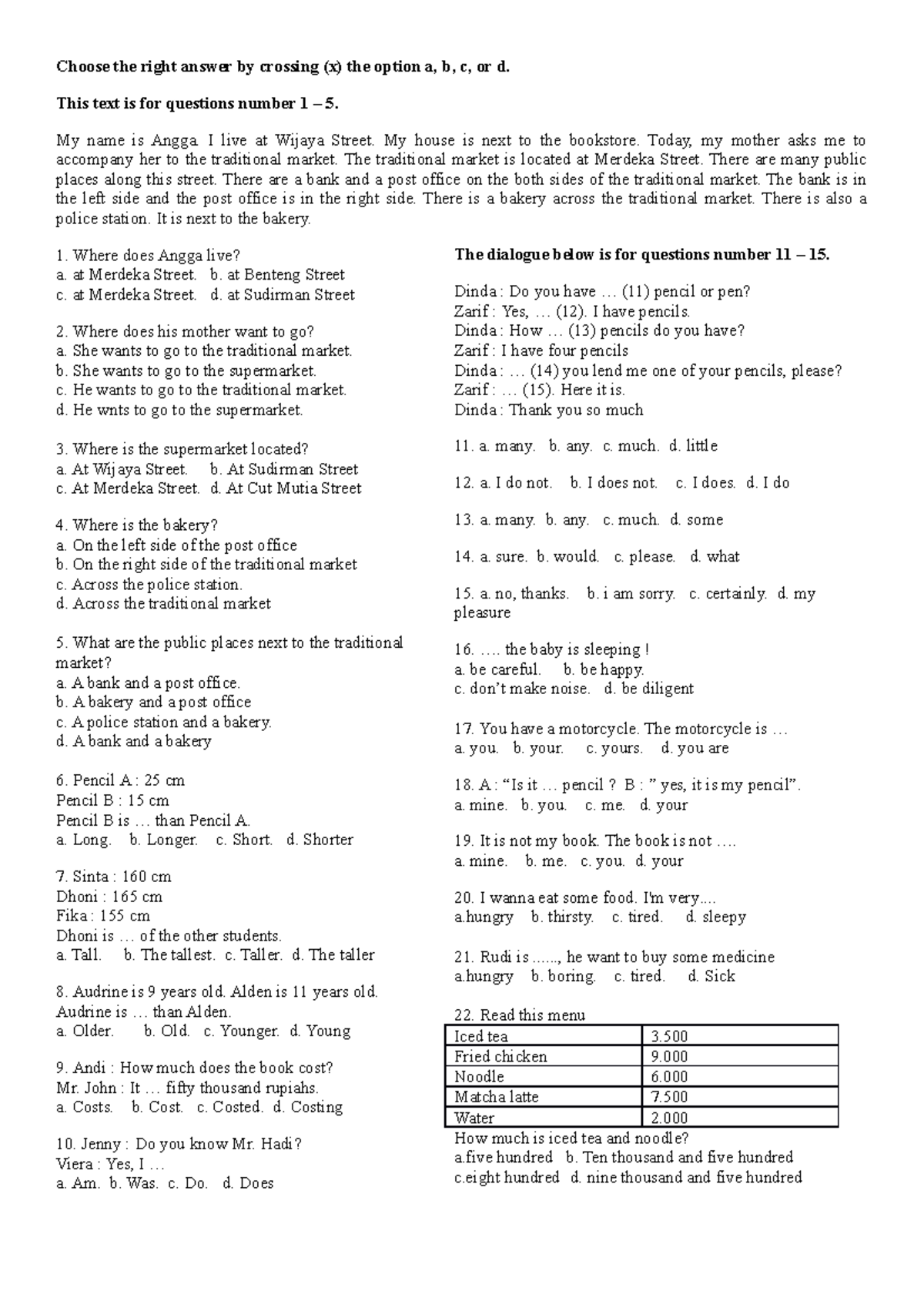 Inggrisss - Choose The Right Answer By Crossing (x) The Option A, B, C ...