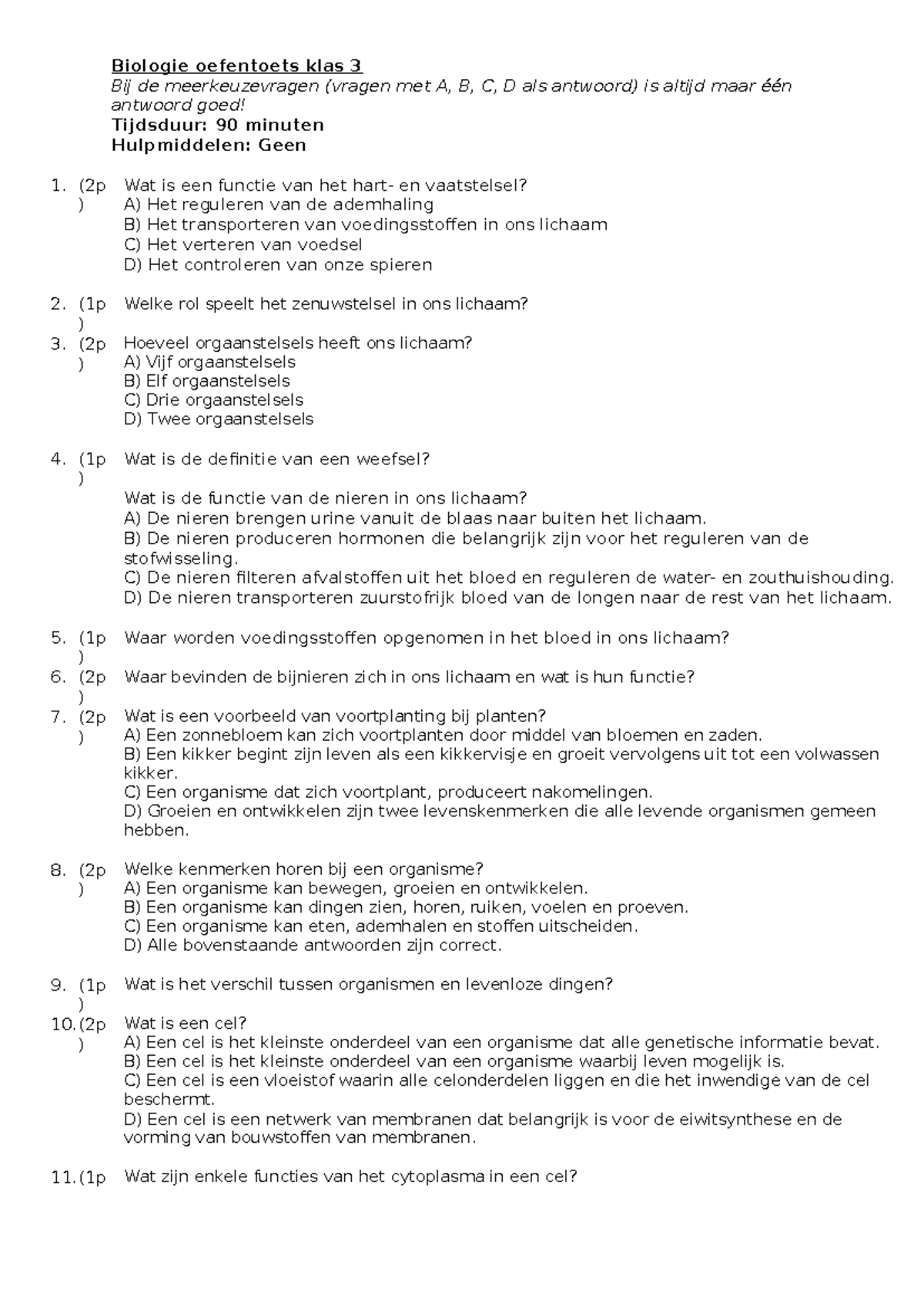 Oefentoets Leerjaar 3 Biologie Oefentoets Klas 3 Bij De