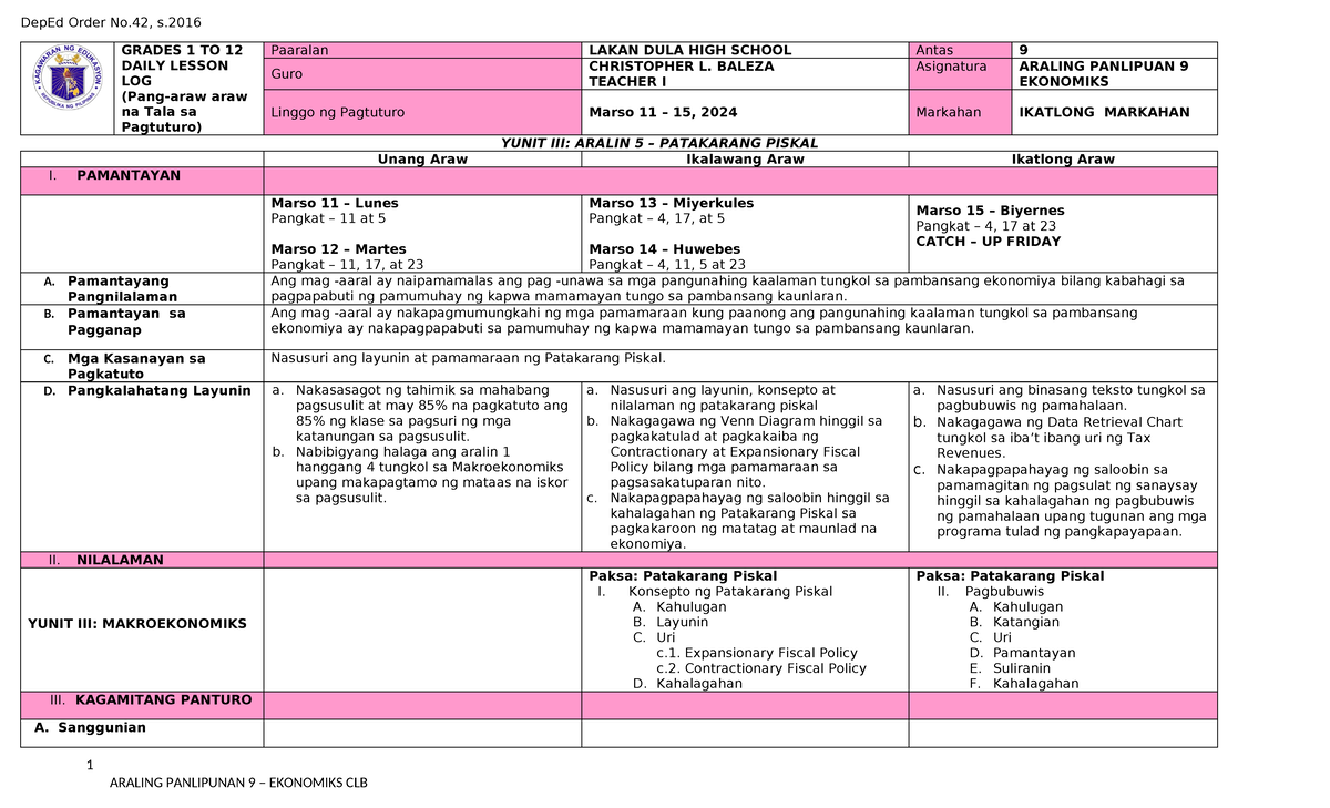 Q3 - DLL - WEEK 27 - Lesson Plan - DepEd Order No, s. GRADES 1 TO 12 ...