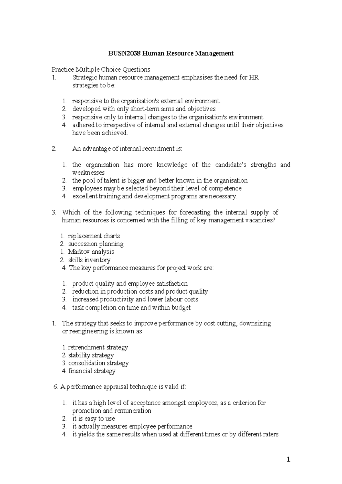 Sample/practice exam October 2017, questions and answers BUSN2038 Human Resource Management
