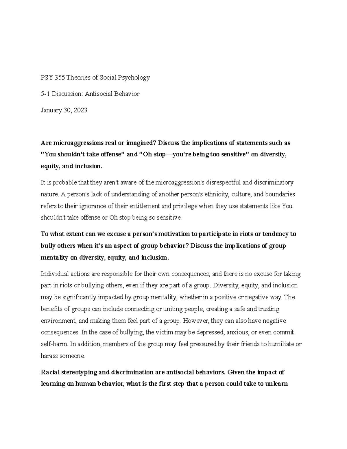 Week 5 Discussion Psy 355 Theories Of Social Psychology - Psy 355 