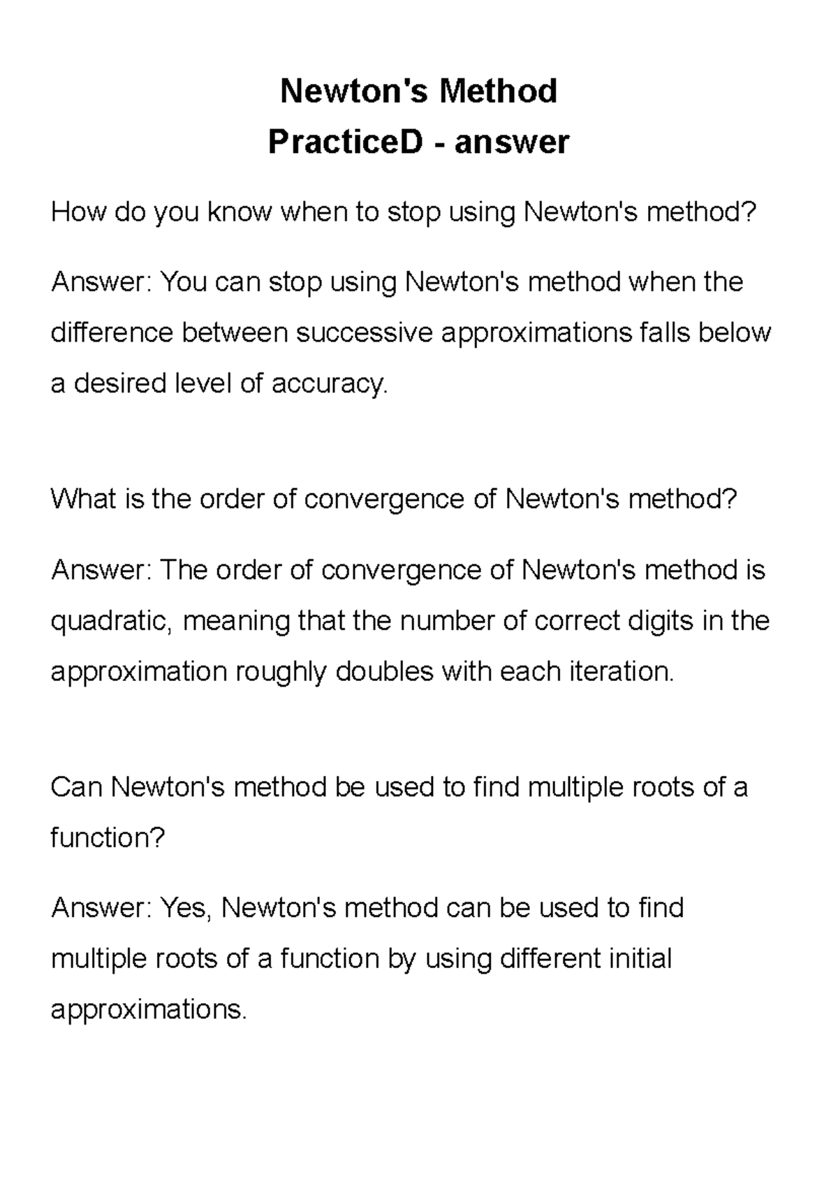 Newton S Method Practice D Answer Newton S Method Practiced
