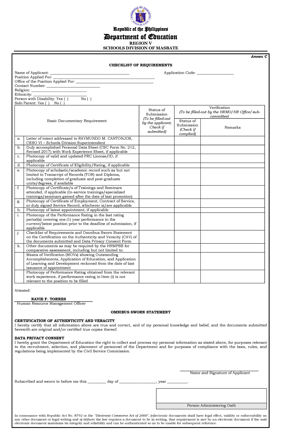 Annex C-Checklist of Requirements of Applicants - Republic of the ...