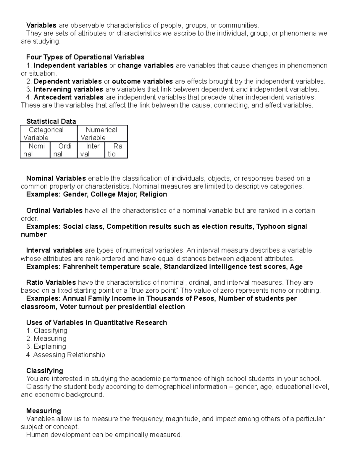 Variables - SJSHVUHS E,S - Variables are observable characteristics of ...