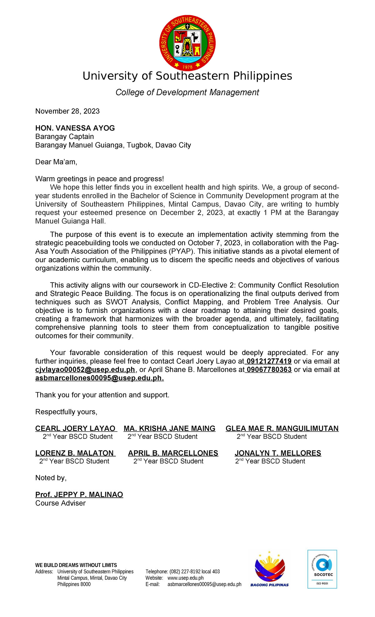 Courtesy Letter to cap 1 - University of Southeastern Philippines ...
