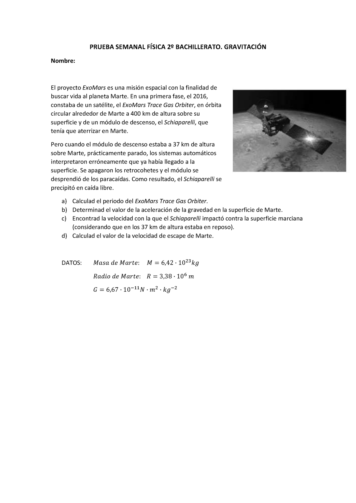 Prueba Semanal Gravitación II - PRUEBA SEMANAL FÍSICA 2º BACHILLERATO ...