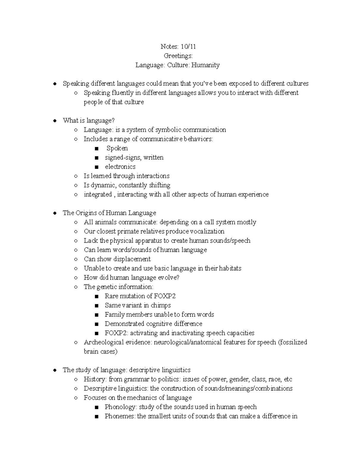 Notes 10 11 - Notes: 10/ Greetings: Language: Culture: Humanity ...