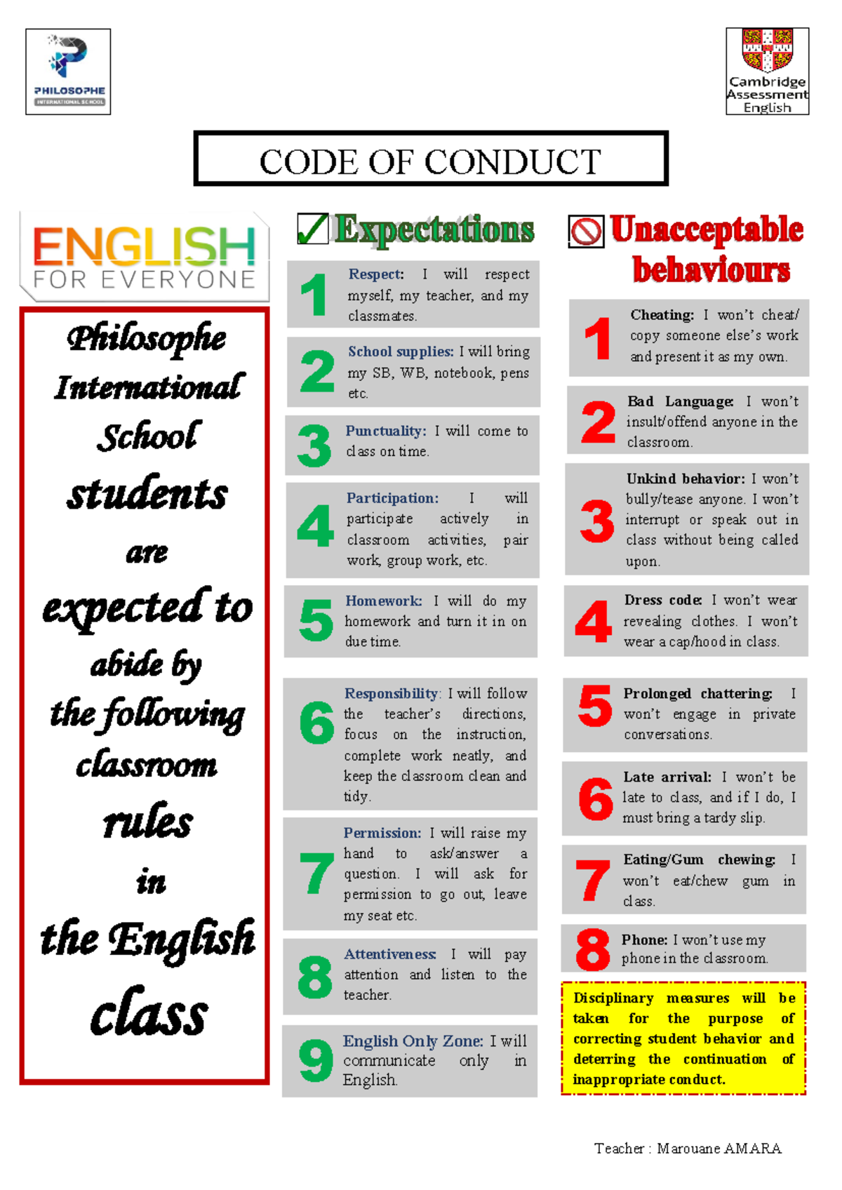 Code of conduct - 8 Respect: I will respect myself, my teacher, and my ...