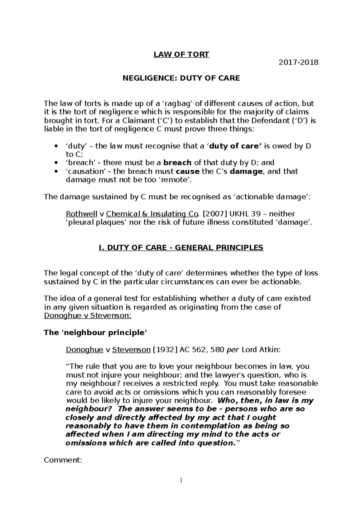 Duty of Care Handout - LAW OF TORT 2017- NEGLIGENCE: DUTY OF CARE The ...
